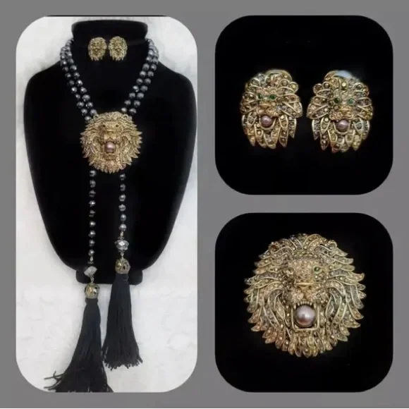 HEIDI DAUS LARIAT LION CRYSTAL BEADED NECKLACE & EARRINGS AND PIN SET - Picture 2 of 8